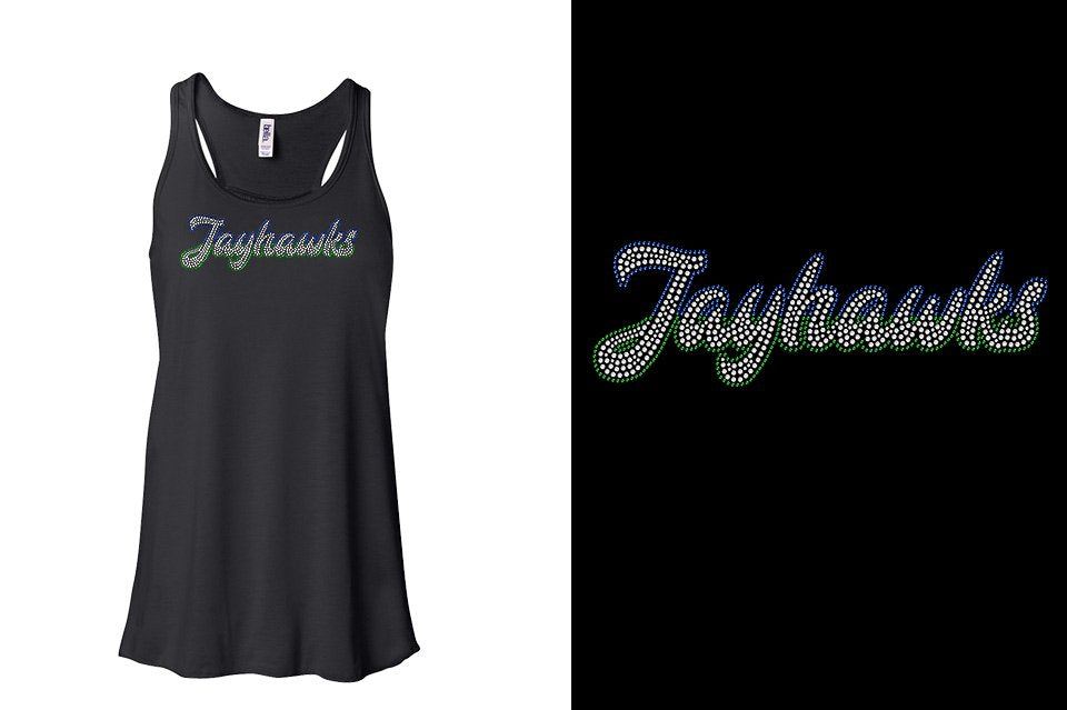 Rhinestones Jayhawks script text 3-color stones Youth Flowy Racerback Tank