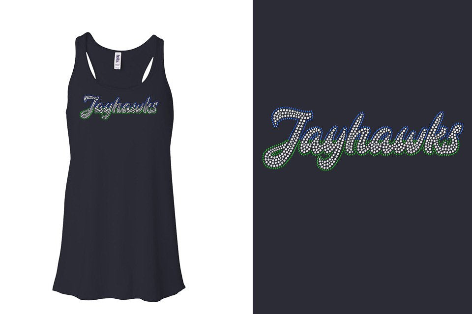 Rhinestones Jayhawks script text 3-color stones Youth Flowy Racerback Tank