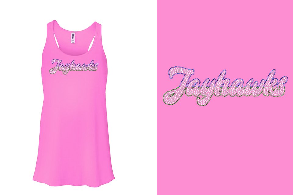 Rhinestones Jayhawks script text 3-color stones Youth Flowy Racerback Tank