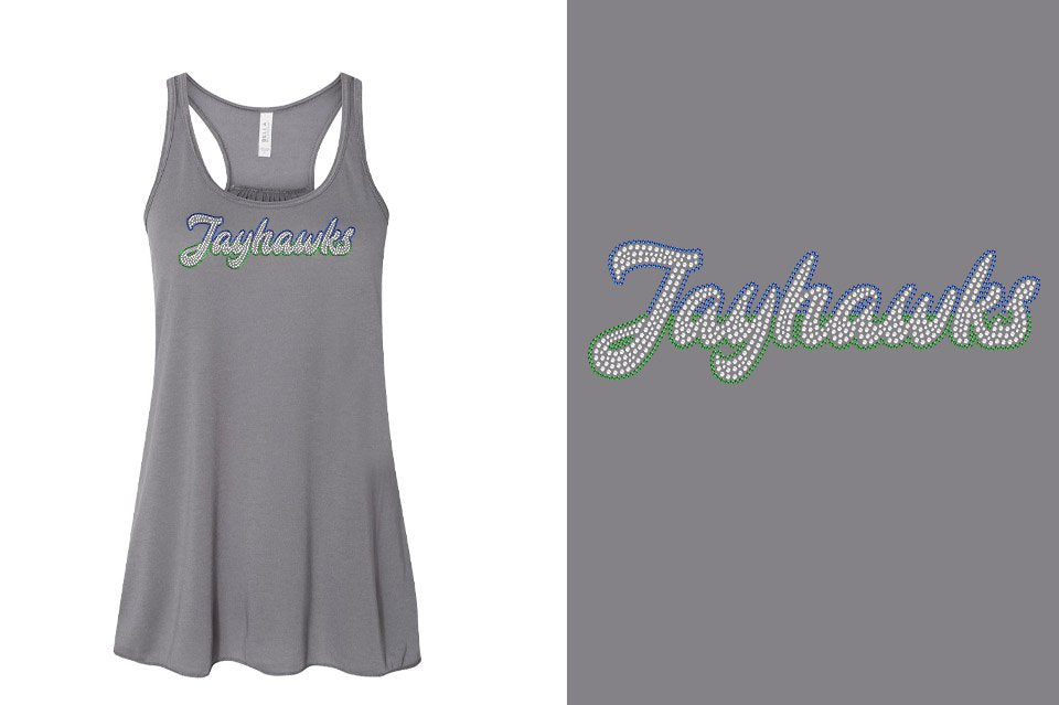 Rhinestones Jayhawks script text 3-color stones Youth Flowy Racerback Tank