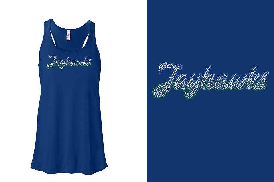 Rhinestones Jayhawks script text 3-color stones Youth Flowy Racerback Tank