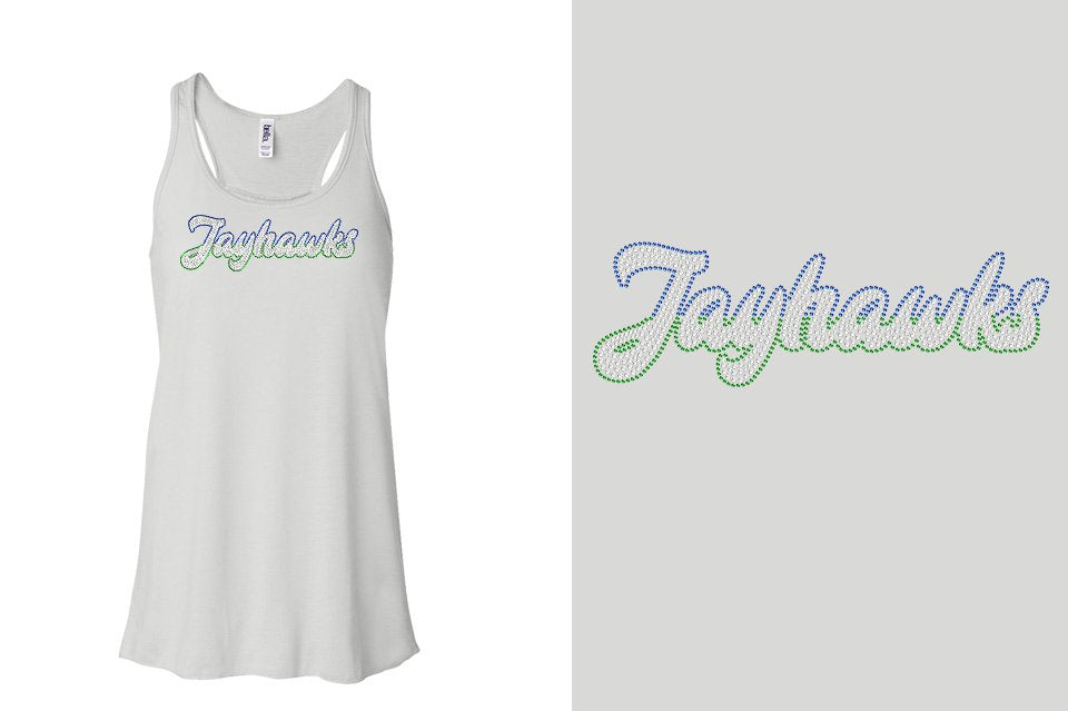Rhinestones Jayhawks script text 3-color stones Youth Flowy Racerback Tank