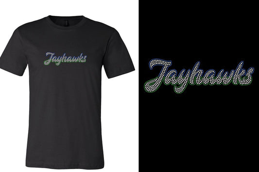 Rhinestones Jayhawks script text 3-color stones Unisex t-shirt