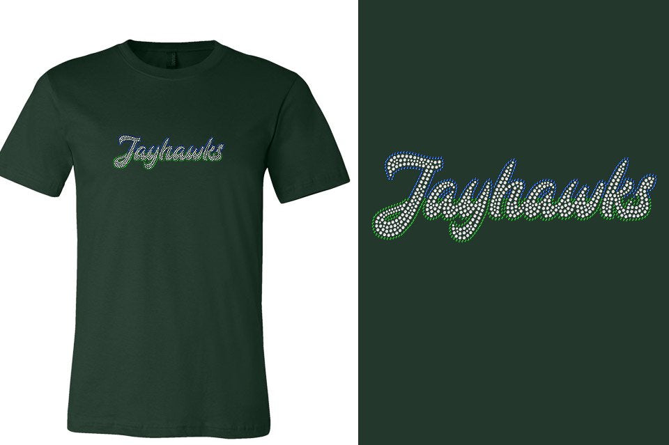 Rhinestones Jayhawks script text 3-color stones Unisex t-shirt