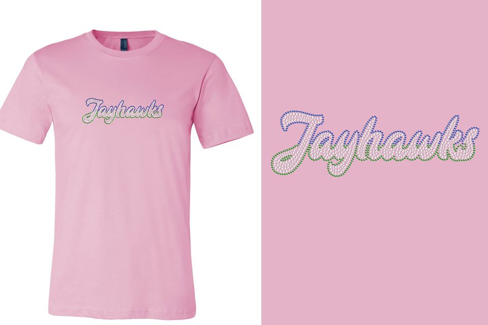 Rhinestones Jayhawks script text 3-color stones Unisex t-shirt