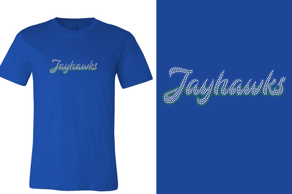 Rhinestones Jayhawks script text 3-color stones Unisex t-shirt