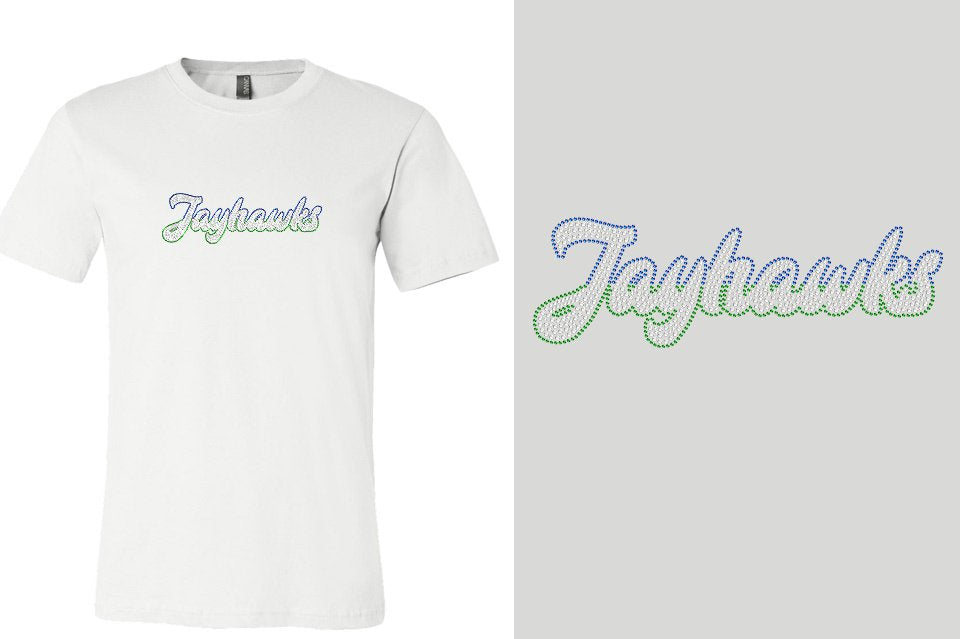 Rhinestones Jayhawks script text 3-color stones Unisex t-shirt