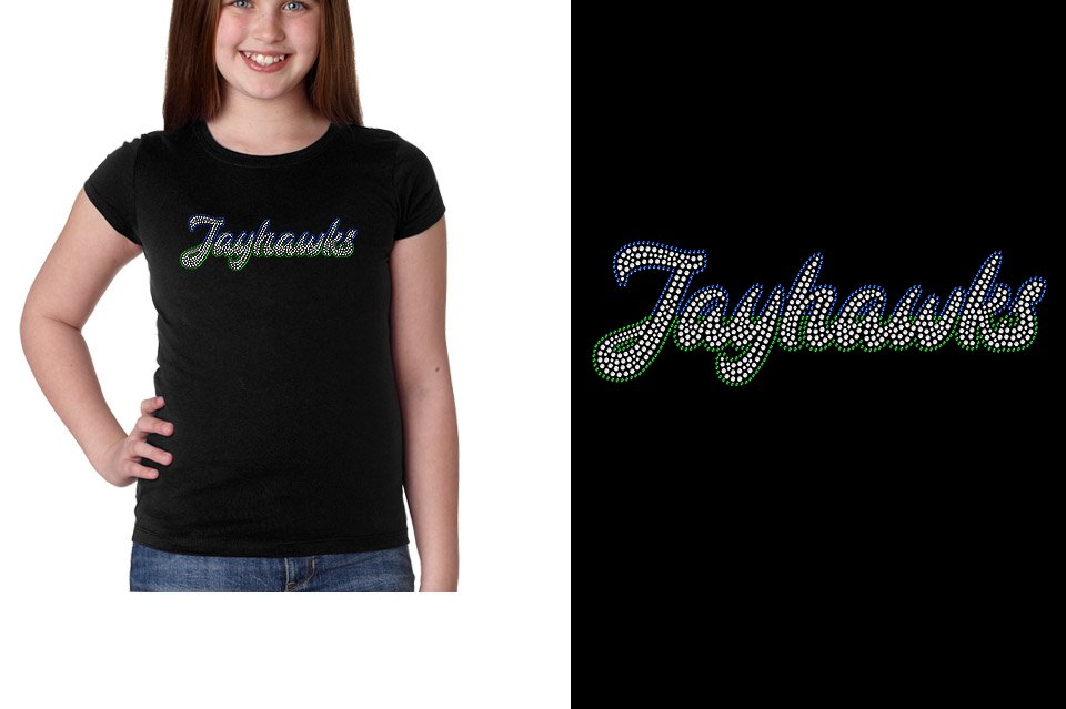 Rhinestones JJayhawks script text 3-color stones Girls' Princess T-Shirt