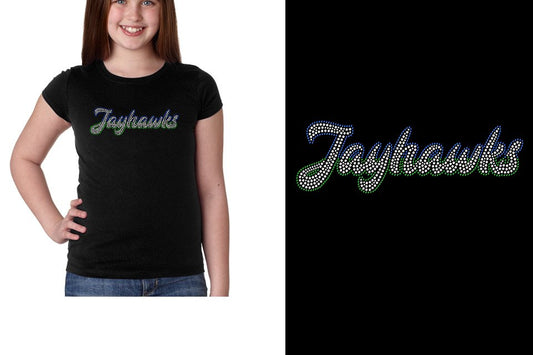 Rhinestones JJayhawks script text 3-color stones Girls' Princess T-Shirt