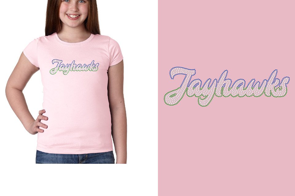 Rhinestones JJayhawks script text 3-color stones Girls' Princess T-Shirt