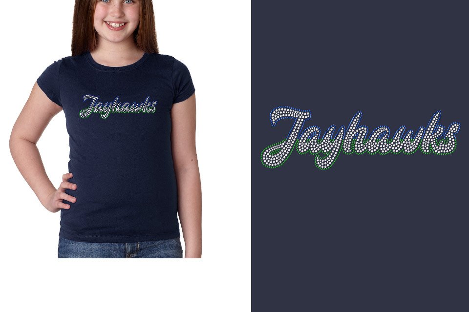 Rhinestones JJayhawks script text 3-color stones Girls' Princess T-Shirt