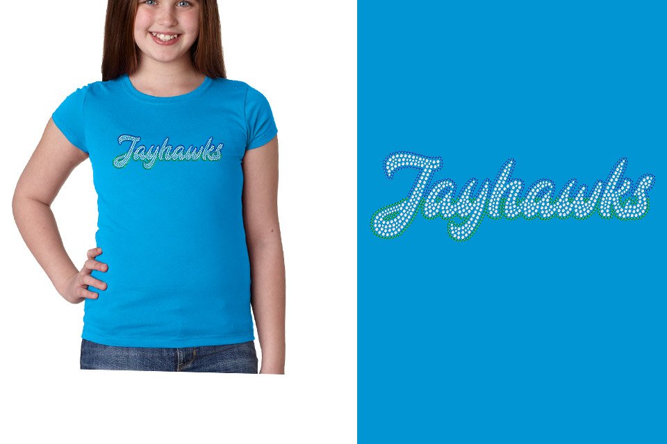 Rhinestones JJayhawks script text 3-color stones Girls' Princess T-Shirt