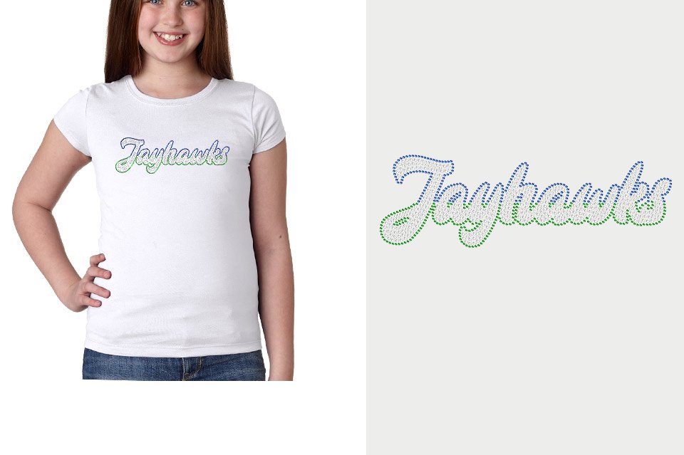 Rhinestones JJayhawks script text 3-color stones Girls' Princess T-Shirt