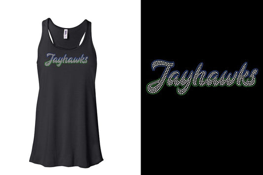 Rhinestones Jayhawks script text 3-color stones Youth Flowy Racerback Tank